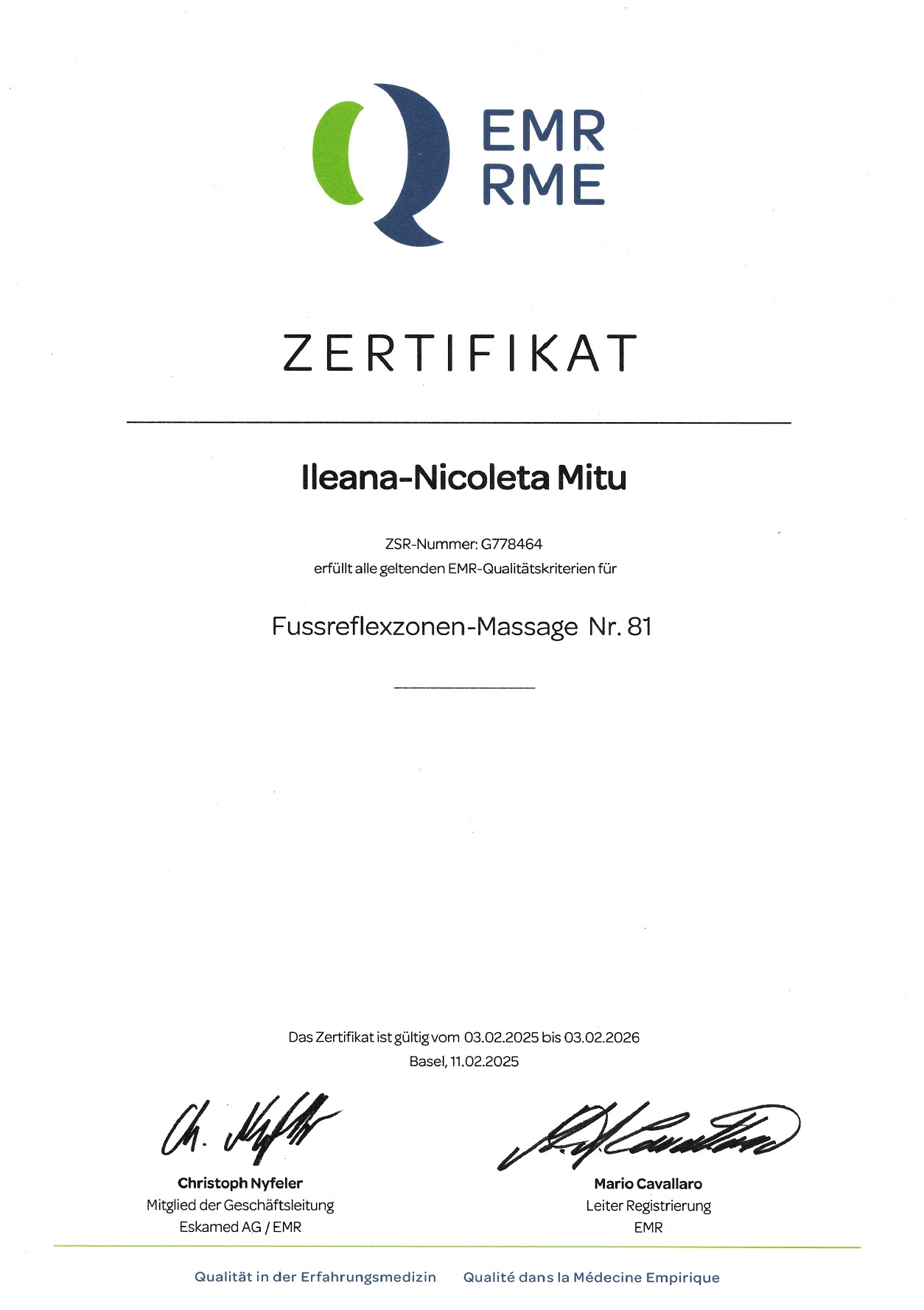 EMR-Zertifikat von Ileana-Nicoleta Mitu für die Methode Fussreflexzonen-Massage Nr. 81